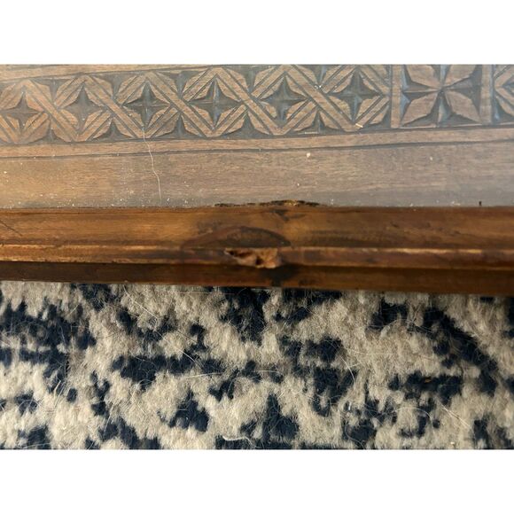 Vintage Hand-Carved Wooden Serving Tray with Glass — Ornate Geometric Star - Picture 6 of 7